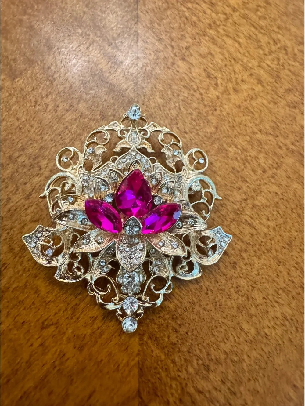 Vintage Filigree Brooch with Pink and Clear Rhinestones 304